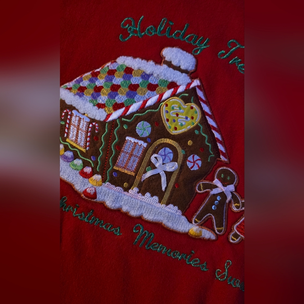 Vintage Christmas Sweater Womens, Embroidered Gingerbread House and Gingerbread - Picture 13 of 15